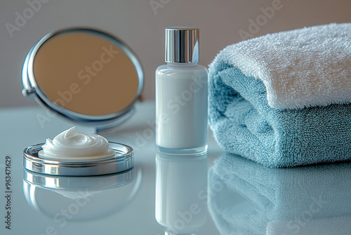 Bathroom scene with skincare lotion, cream, mirror, and towel on reflective surface photo