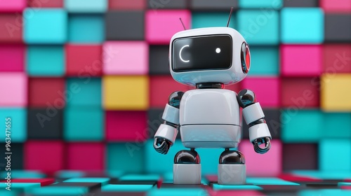 Futuristic 3D Search Engine Robot Creating Digital Mosaic of Search Results, Information Gathering Concept, Copy Space for Text