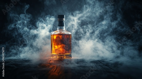 Whiskey bottle surrounded by smoke on wooden