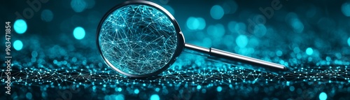 Unveiling Digital Nodes: 3D Magnifying Glass Revealing Hidden Network, Search Engine Concept with Copy Space