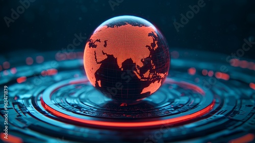 Virtual Reality Search Engine: Futuristic 3D Holographic Globe with Live Search Queries, Global Information Access Concept, Copy Space