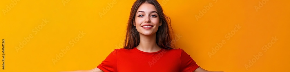 Photo of an optimistic brunette holding like empty space wearing a red shirt isolated on an orange background. Photo of an optimistic brunette holding like empty space wearing a red shirt isolated on an orange background.