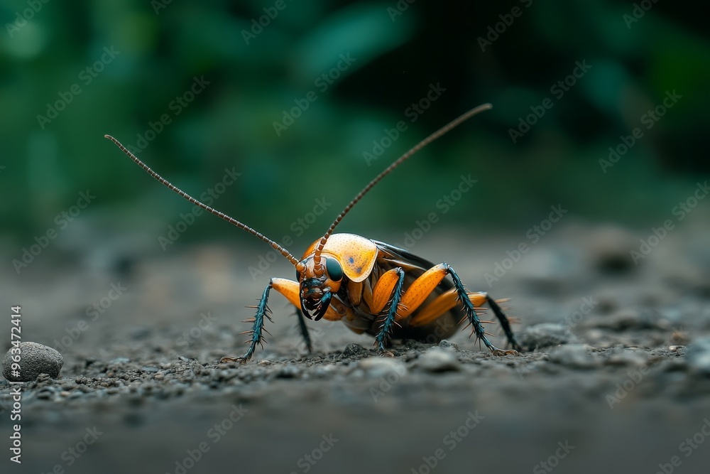 A close-up image of an orange cockroach on the ground. The cockroach is facing the camera, with its antennae extended. The image highlights the insect's intricate details, including its segmented body A close-up image of an orange cockroach on the ground. The cockroach is facing the camera, with its antennae extended. The image highlights the insect's intricate details, including its segmented body