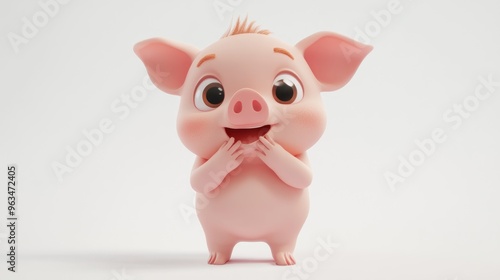 A cute, cartoonish pig character with a joyful expression and playful pose.