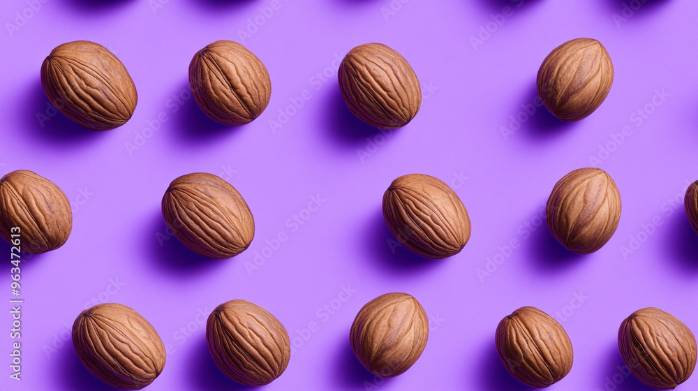 Walnuts on purple background. Arranged in pattern or tile. Walnuts on purple background. Arranged in pattern or tile.