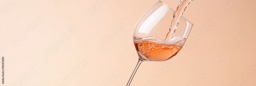A close-up of a glass being filled with rose wine. The light pink liquid pours from an unseen source, creating a delicate cascade of bubbles. The wine's hue contrasts against a soft peach background, 
