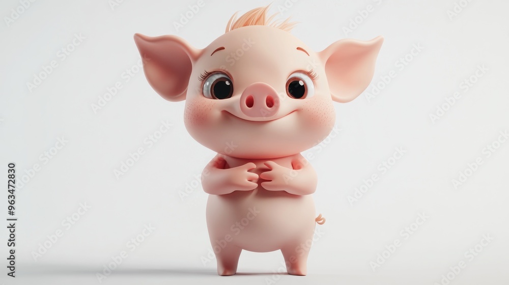 A cute, cartoonish piglet stands smiling with hands clasped, showcasing a playful character. A cute, cartoonish piglet stands smiling with hands clasped, showcasing a playful character.