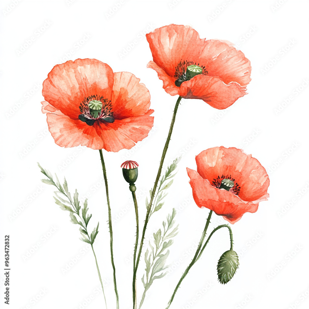 Obraz premium Watercolor poppies painting. Red watercolor poppies. Watercolor floral painting.