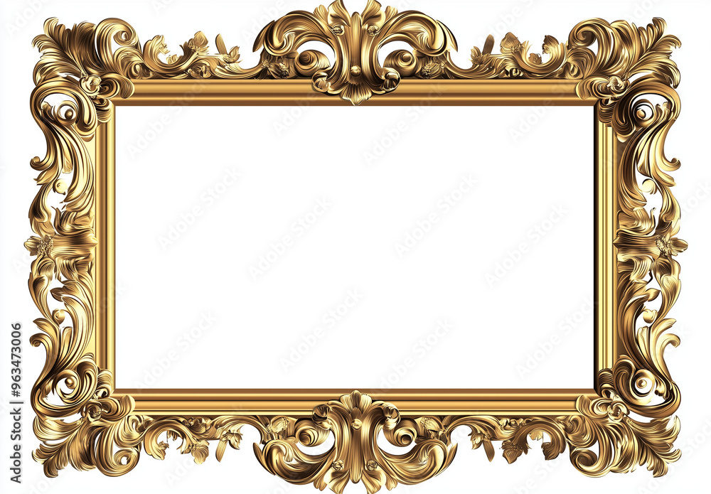 Ornate gold frame with baroque details, white background with copy space Ornate gold frame with baroque details, white background with copy space