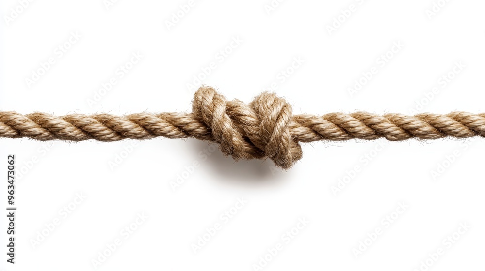 A close-up of a thick rope tied in a knot, isolated on a white background. The knot symbolizes connection, strength, and resilience. It could be used to represent a variety of concepts, such as teamwo A close-up of a thick rope tied in a knot, isolated on a white background. The knot symbolizes connection, strength, and resilience. It could be used to represent a variety of concepts, such as teamwo