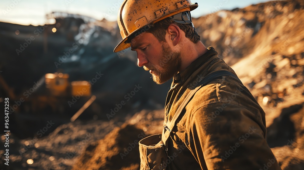 A dedicated miner pauses during work, showcasing the rugged environment and tools of the trade in a stunning sunset backdrop. A dedicated miner pauses during work, showcasing the rugged environment and tools of the trade in a stunning sunset backdrop.
