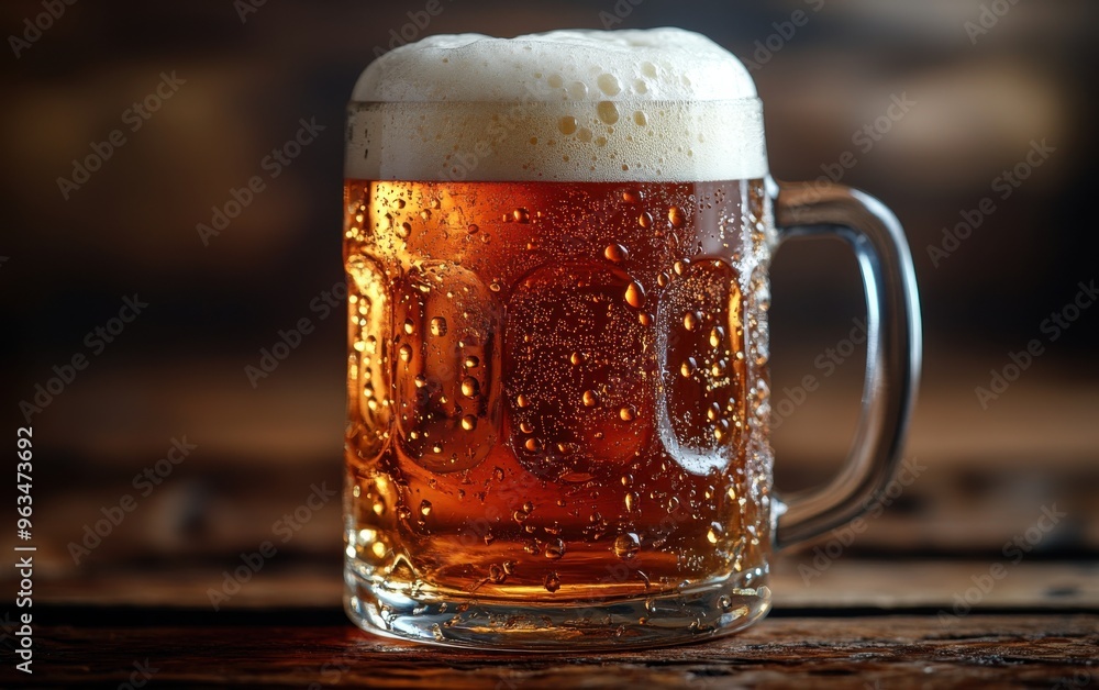 Close-up of a frothy beer mug with a perfect foam head against a rustic wooden background in a cozy setting Close-up of a frothy beer mug with a perfect foam head against a rustic wooden background in a cozy setting