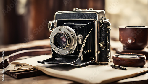 The Photographer's Pause: A Vintage Camera Waiting Quietly on a Table Worn by Time