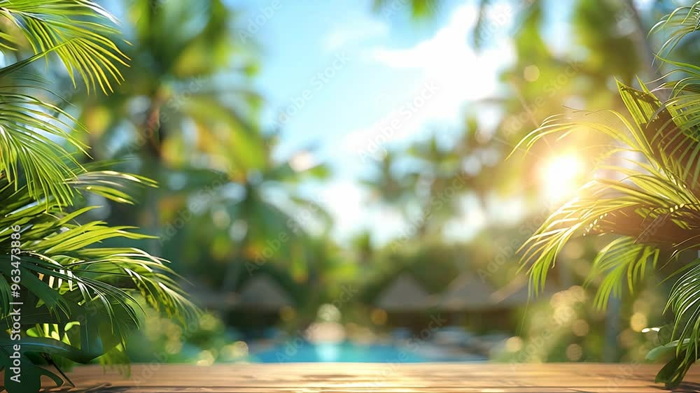 A wooden table with a tropical background. A wooden table with a tropical background.