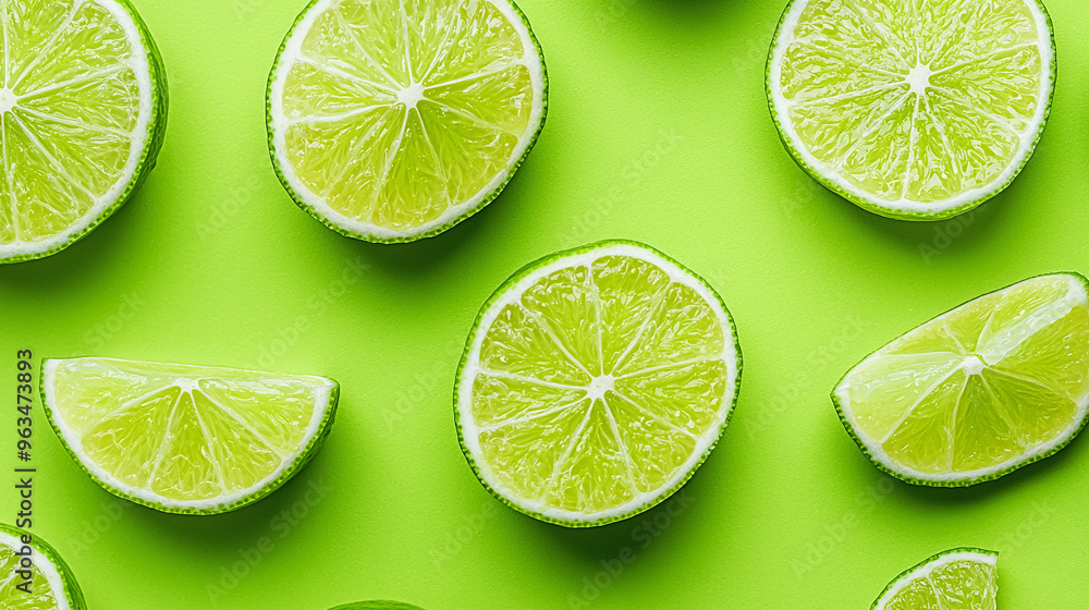 Lime halves on green background. Photo from above Lime halves on green background. Photo from above