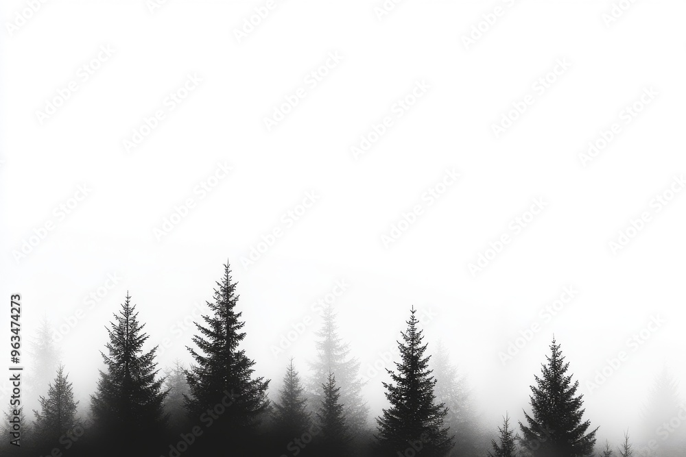 Obraz premium A peaceful and serene black silhouette of pine trees emerges against a soft, foggy white background, beautifully evoking a sense of tranquility and harmony within the wonders of nature