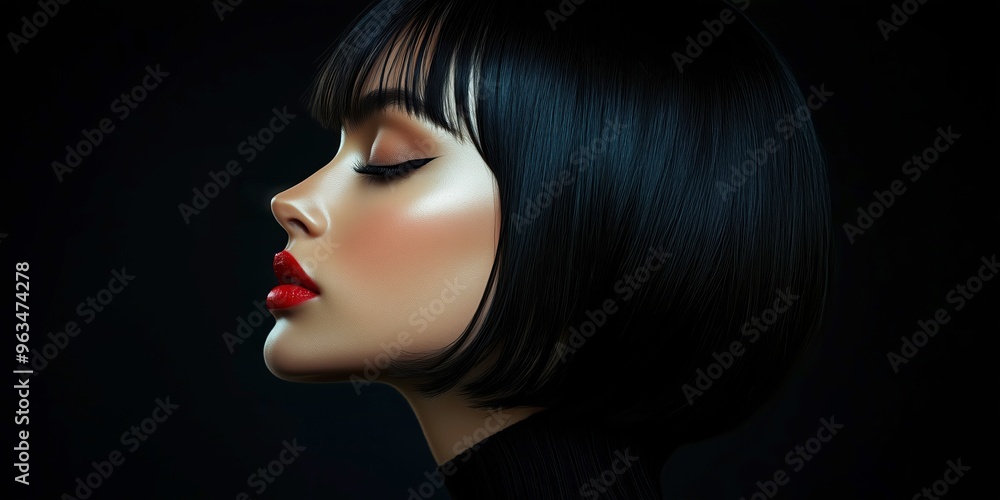 Elegant woman with short black hair, bold red lipstick, and closed eyes in a glamorous setting, capturing sophistication and modern beauty. Elegant woman with short black hair, bold red lipstick, and closed eyes in a glamorous setting, capturing sophistication and modern beauty.