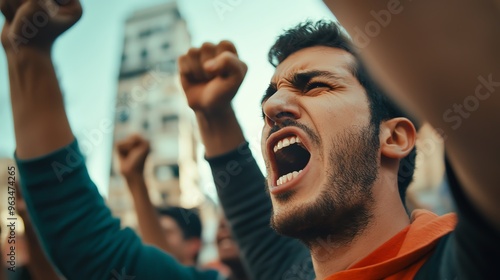 A passionate protestor shouting in a rally, raising his fist in solidarity. Emotions and energy fill the atmosphere. photo