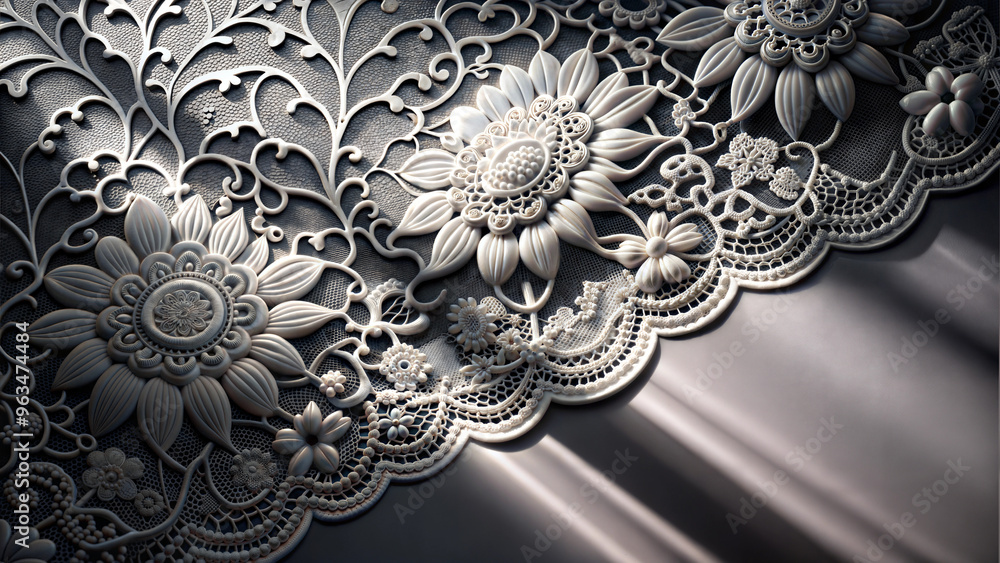 Intricate lace pattern with floral details, sunlit texture on dark background Intricate lace pattern with floral details, sunlit texture on dark background