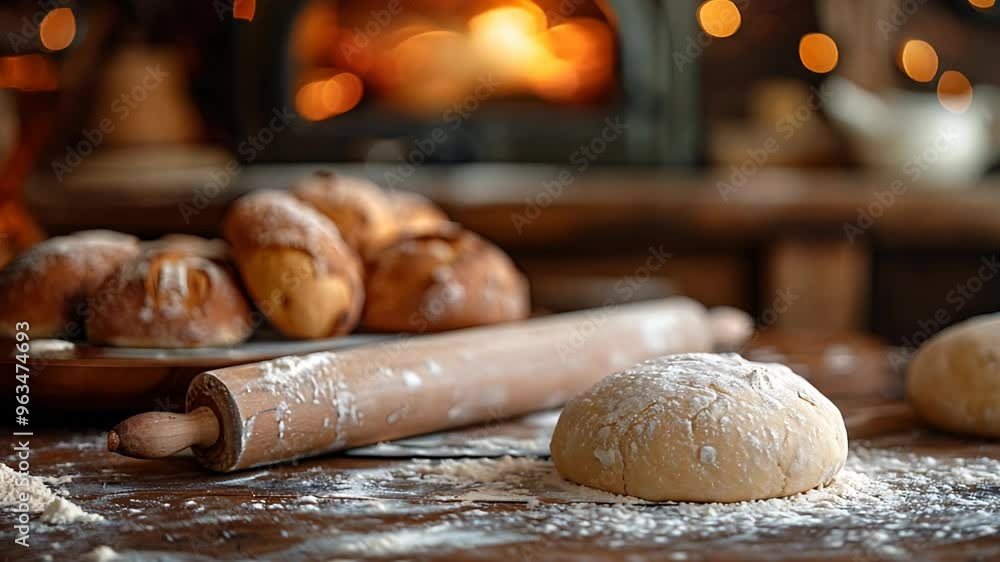 Freshly baked bread and dough on a wooden table in a rustic kitchen. Freshly baked bread and dough on a wooden table in a rustic kitchen.