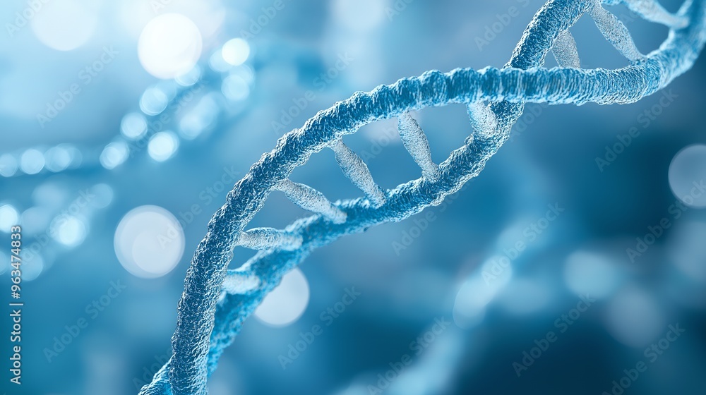 Abstract blue DNA helix strand with blurred bokeh lights in the background. Abstract blue DNA helix strand with blurred bokeh lights in the background.