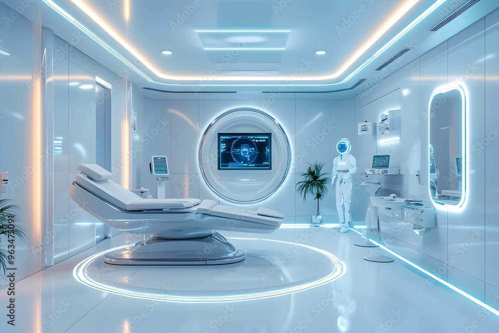 Futuristic Medical Clinic with Advanced Holographic Patient Monitoring and Sleek Robot Assistants Futuristic Medical Clinic with Advanced Holographic Patient Monitoring and Sleek Robot Assistants