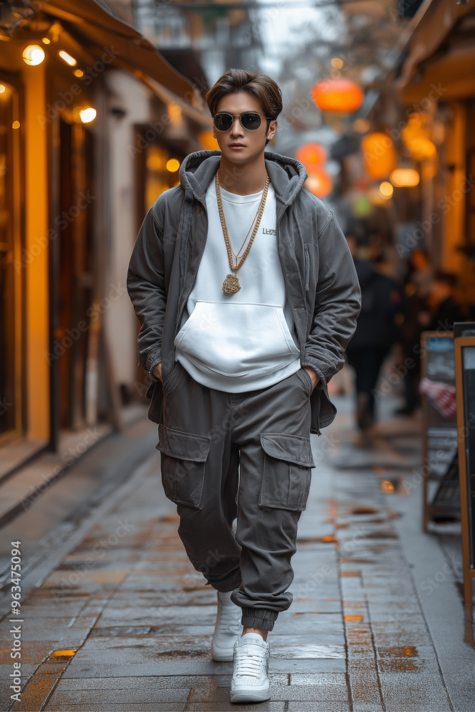 A luxury streetwear outfit with a designer hoodie Smiling businessman in sunglasses walking casually down a bustling city street