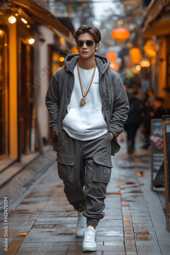 Obraz na płótnie A luxury streetwear outfit with a designer hoodie Smiling businessman in sunglasses walking casually down a bustling city street w salonie