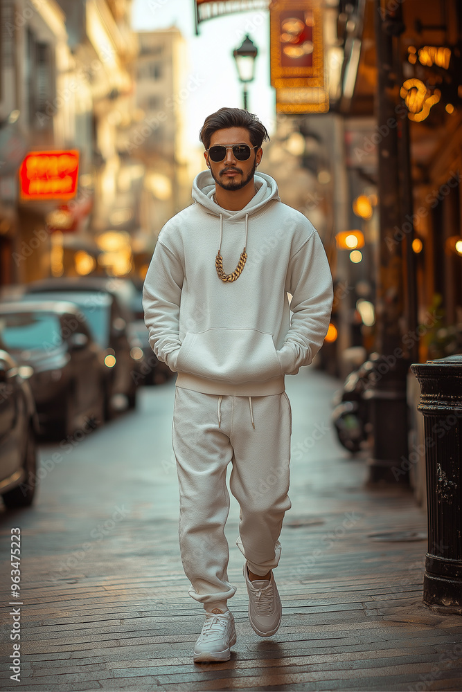 A luxury streetwear outfit with a designer hoodie Smiling businessman in sunglasses walking casually down a bustling city street