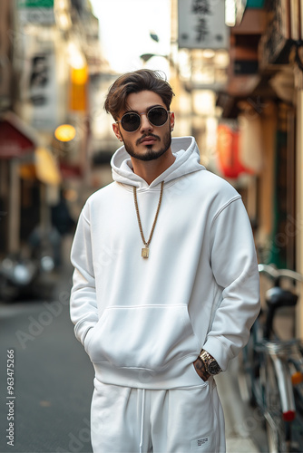 A luxury streetwear outfit with a designer hoodie Smiling businessman in sunglasses walking casually down a bustling city street