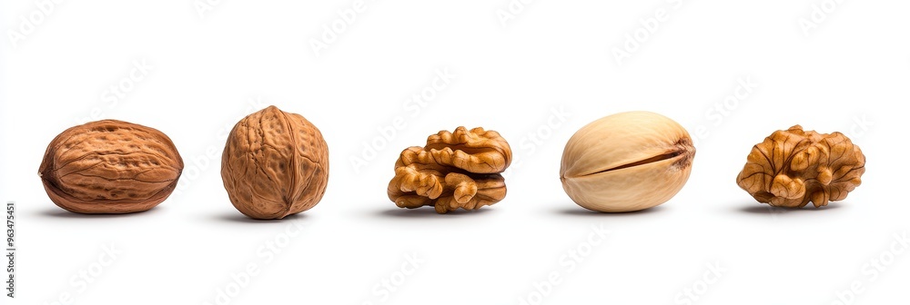 A collection of isolated walnuts and a pistachio, perfect for adding a touch of nature and nutrition to your designs. These high-quality images offer a variety of perspectives and compositions, making A collection of isolated walnuts and a pistachio, perfect for adding a touch of nature and nutrition to your designs. These high-quality images offer a variety of perspectives and compositions, making