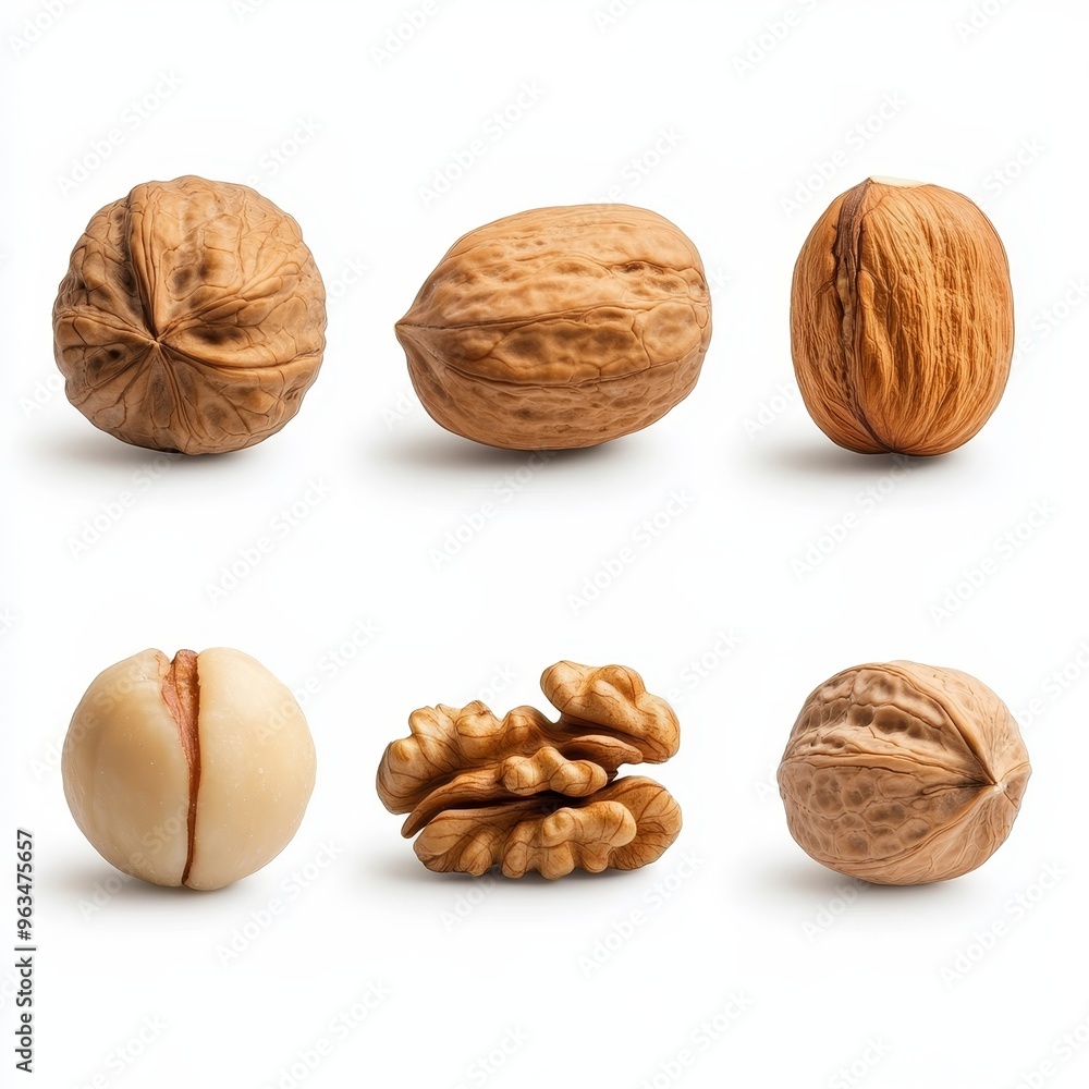 A collection of six walnuts, showcasing both whole and halved nuts, isolated on a pristine white background. These high-resolution images offer versatility for food photography, design projects, and A collection of six walnuts, showcasing both whole and halved nuts, isolated on a pristine white background. These high-resolution images offer versatility for food photography, design projects, and