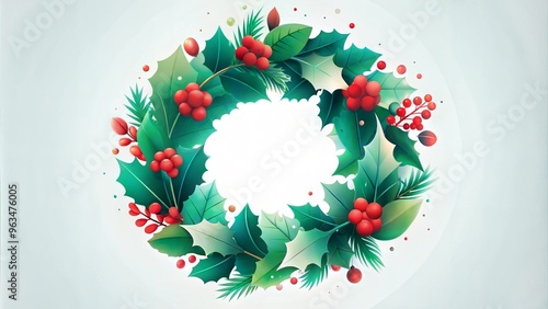 Holiday wreath adorned with greenery and red berries featuring copy space for text photo