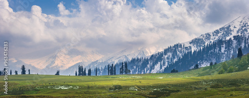 Serene Landscape of majestic Pir Panjal mountain range of Himalayas in kashmir valley from Koongdoori view point in Gulmarg hill station, Baramula, India.
