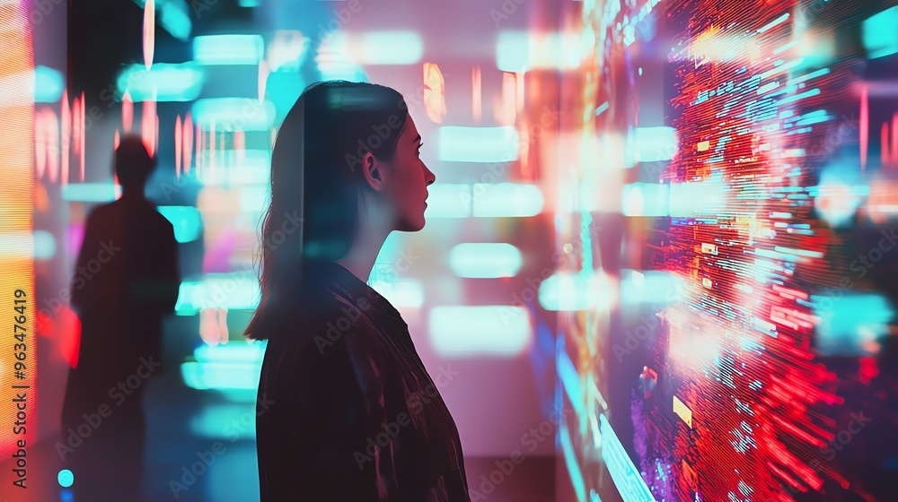 A woman gazes thoughtfully at a vibrant digital display, surrounded by colorful light patterns in a modern art environment. A woman gazes thoughtfully at a vibrant digital display, surrounded by colorful light patterns in a modern art environment.
