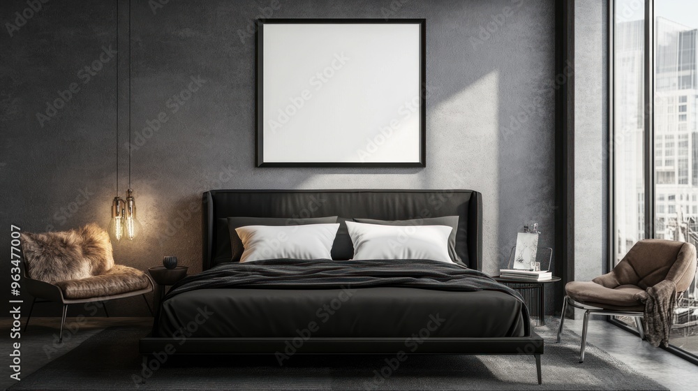 Modern Bedroom with Black Furniture and City View Modern Bedroom with Black Furniture and City View