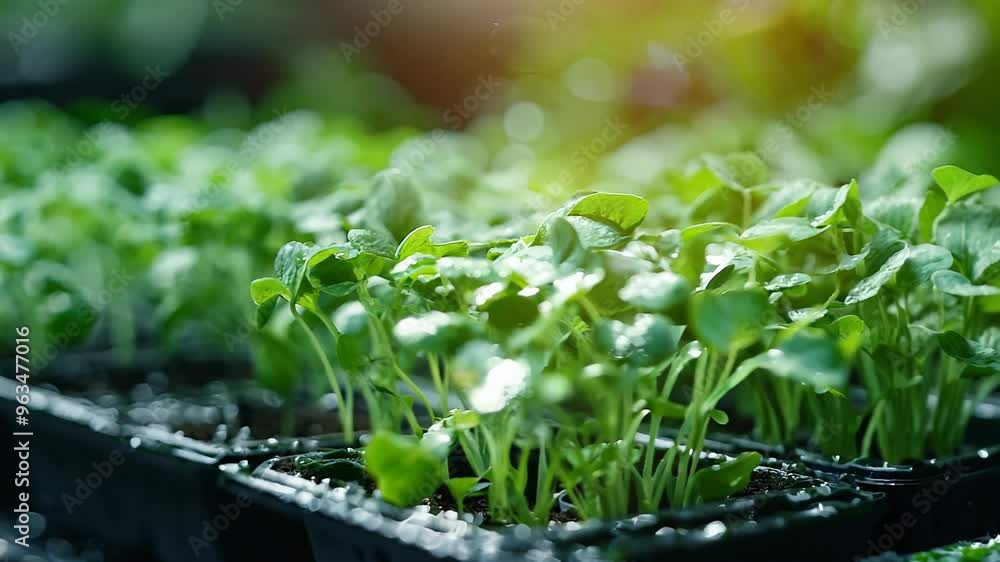 Close-up of fresh green seedlings growing in a greenhouse. Close-up of fresh green seedlings growing in a greenhouse.