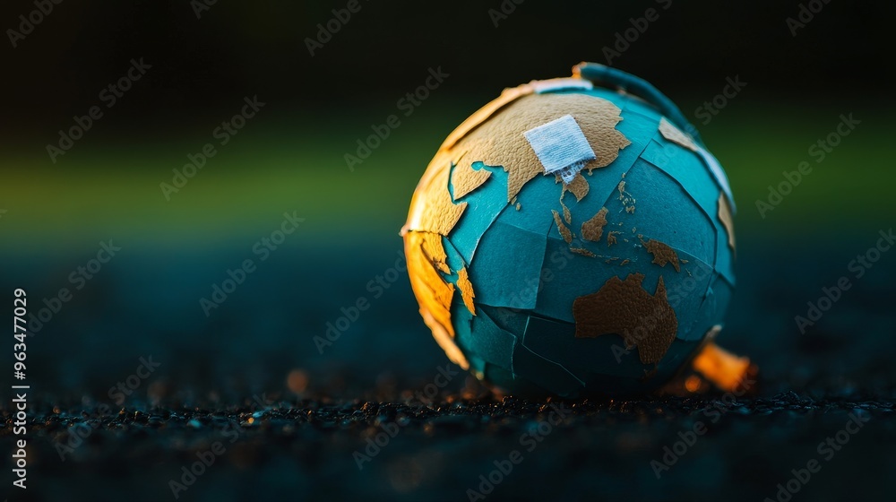 A deflated globe lies on the ground, representing the fragility of our planet and the challenges of unity. The cracks symbolize divisions, while the patches represent attempts at repair. This image ev A deflated globe lies on the ground, representing the fragility of our planet and the challenges of unity. The cracks symbolize divisions, while the patches represent attempts at repair. This image ev