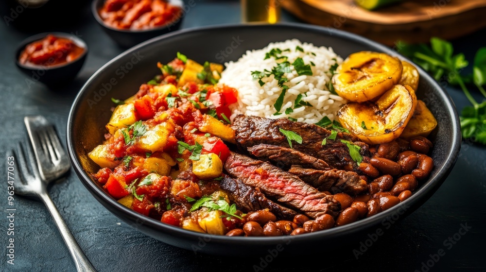 A delicious and flavorful Cuban dish featuring tender flank steak, cooked in a tomato sauce with onions and peppers, served with white rice, black beans, and plantains. This classic dish represents th A delicious and flavorful Cuban dish featuring tender flank steak, cooked in a tomato sauce with onions and peppers, served with white rice, black beans, and plantains. This classic dish represents th