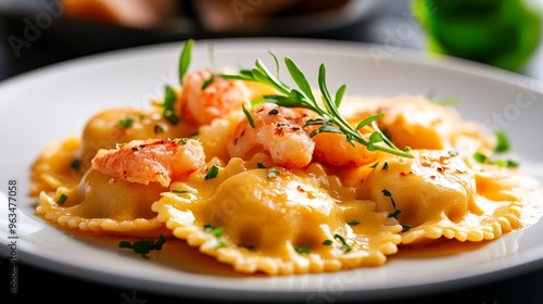 A delicious plate of lobster ravioli with a creamy sauce. The ravioli is perfectly cooked and the sauce is rich and flavorful. This dish is perfect for a special occasion or a romantic dinner.