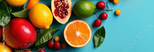 A delightful collection of fresh, colorful vegan ingredients, including mango, orange, lemon, lime, papaya, and berries. The vibrant hues and juicy textures create a visually appealing display, perfec