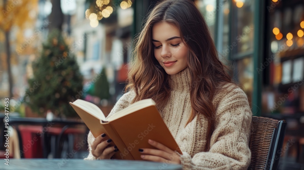 Lady enjoys book at coffee shop. Lady enjoys book at coffee shop.