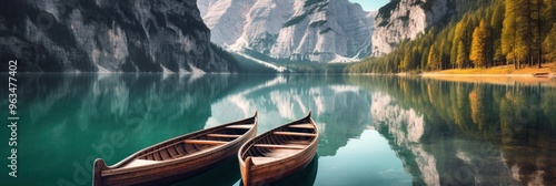 Two Wooden Boats Moored on a Still Mountain Lake photo