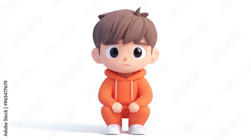 A cute, stylized cartoon boy in an orange outfit sitting down with a thoughtful expression.