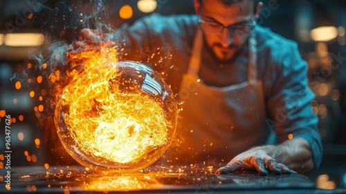 Glass blower forming hot piece of glass with wooden tool. Traditional glass crafter works with burning and blowing an art piece. Hand made glass studio