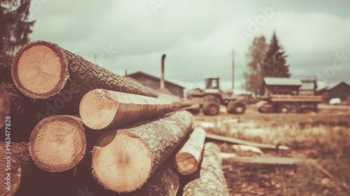 Stacked logs in a timber yard with machinery in the background under a cloudy sky, highlighting natural resources and industry.