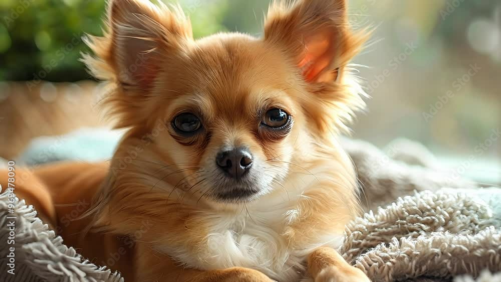 A cute chihuahua dog is lying on a blanket by the window. A cute chihuahua dog is lying on a blanket by the window.