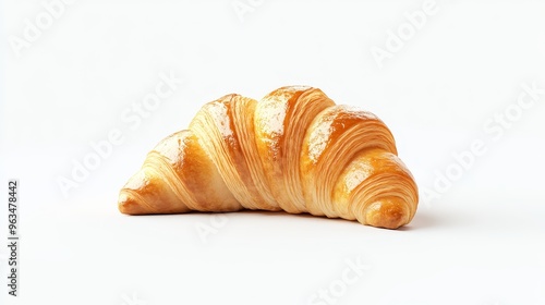 A freshly baked golden croissant, a classic French pastry, isolated on a white background. It symbolizes indulgence, breakfast, French cuisine, and the simple pleasures of life.