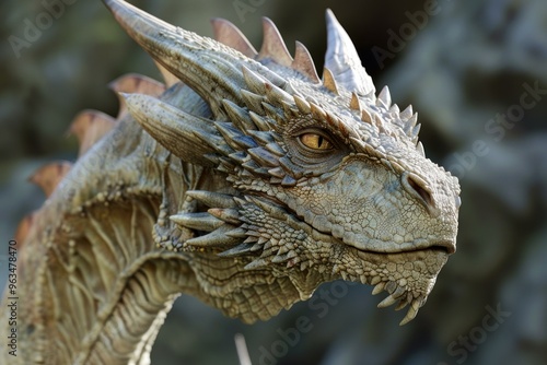 Closeup detailed illustration of a majestic and fierce dragon head with textured scales. Sharp horns. And powerful gaze. Perfect for fantasythemed digital art. Game character design photo