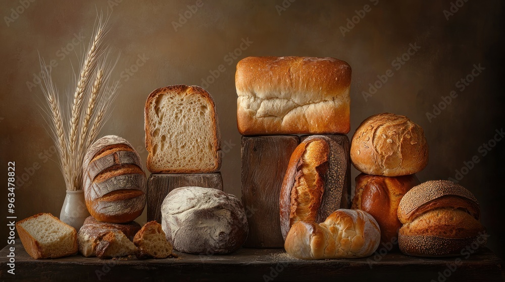 Assortment of Freshly Baked Bread with Wheat Stalks Assortment of Freshly Baked Bread with Wheat Stalks